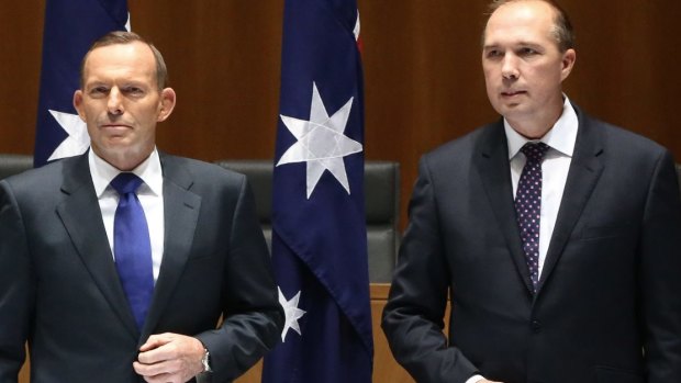 Joke under fire: Peter Dutton with Tony Abbott.