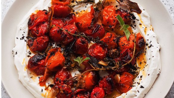 Hot charred cherry tomatoes with cold yoghurt recipe from Simple.
