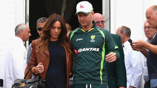 Cricketer Michael Clarke and wife Kyly following Australia's Ashes collapse.