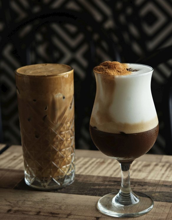 A tall frappe coffee (left) and   a frappe cappuccino.