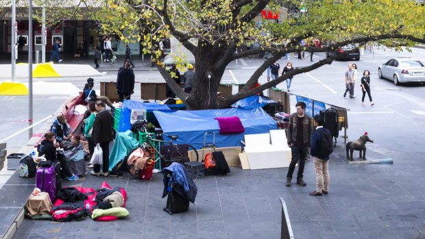 The homeless camp set up at the corner of Swanston and Collins street. 