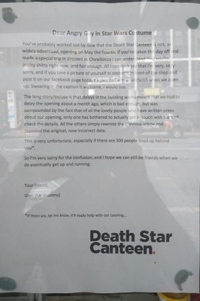 A notice in the window of the Death Star Canteen in Brisbane.