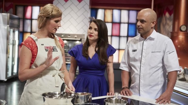 Canberra insurance broker Ali King on the set of Zumbo's Just Desserts with Rachel Khoo and Adriano Zumbo.