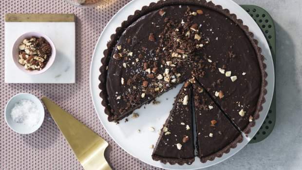 Alison Roman's no-bake crunchy chocolate-almond tart.
