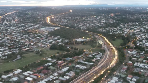 Traffic snakes along the Pacific Motorway after a crash at Woolloongabba.