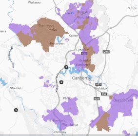 A progress map of the nbn rollout in the ACT. Nbn service is available in the purple areas, while the brown shows areas where construction is underway.
