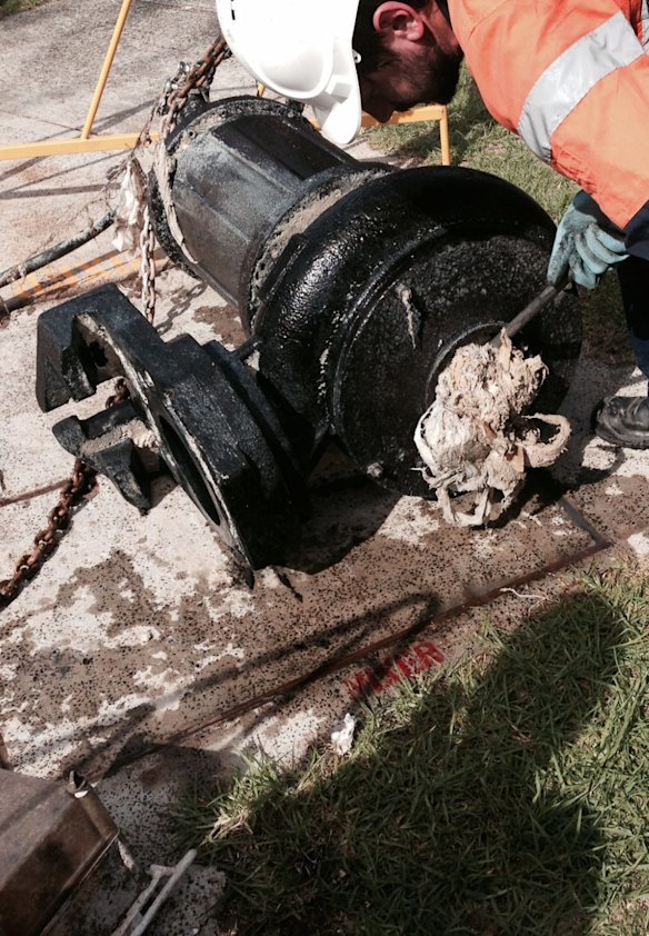 A sewer pump blocked by wet wipes in Australia.