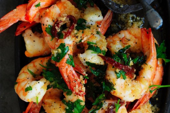 Garlic-lovers: Neil Perry's pan-fried prawns with roast garlic and chipotle oil.