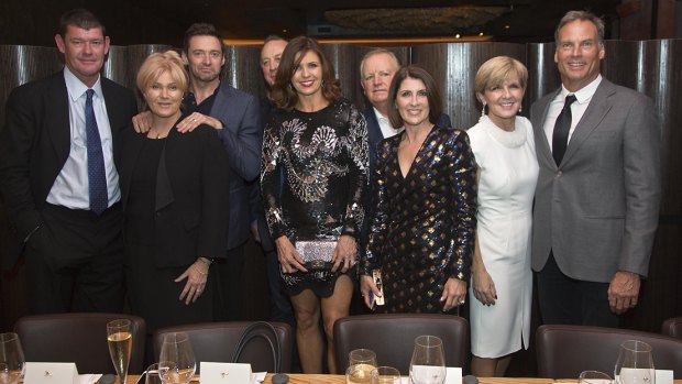 Foreign Minister Julie Bishop (second from right) hosts a charity dinner in New York with special guests who included James Packer (far left), Deborah Lee Furness (second from left) and Hugh Jackman (third from left).