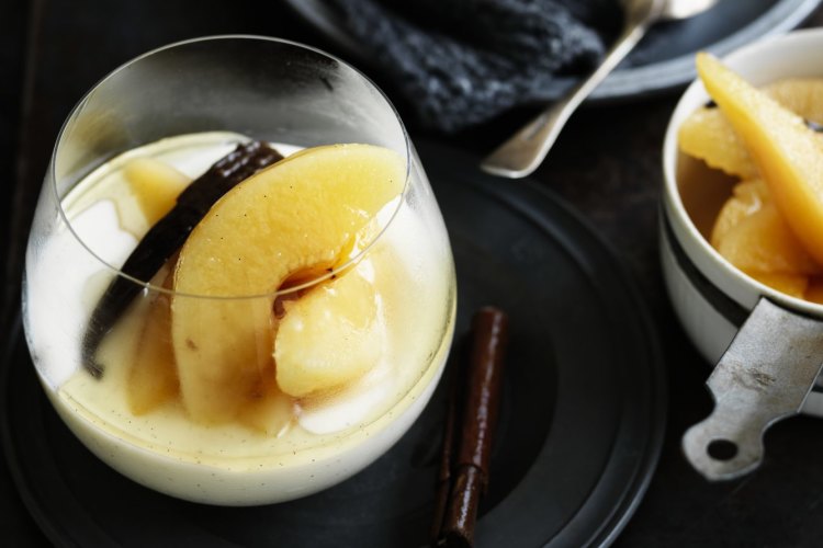 Vanilla and buttermilk panna cotta with poached quinces.