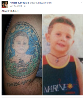 Nick Kavouklis displaying his tattoo of his son, Theo, as a young boy.
