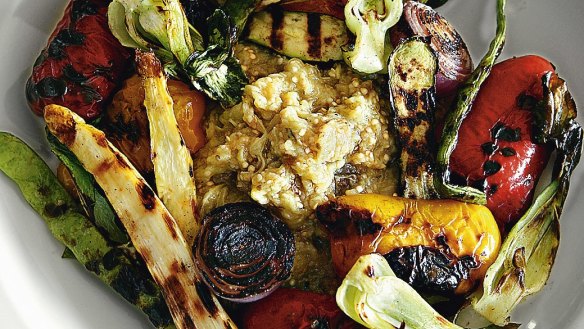 Eggplant caviar surrounded by summer vegetables.