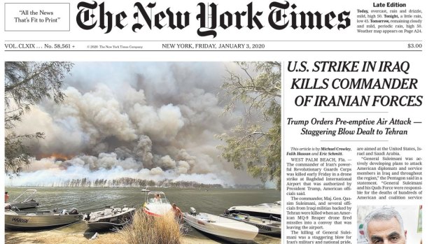 Australia's bushfire crisis has received extensive coverage in the New York Times, including as the main photo on page one.