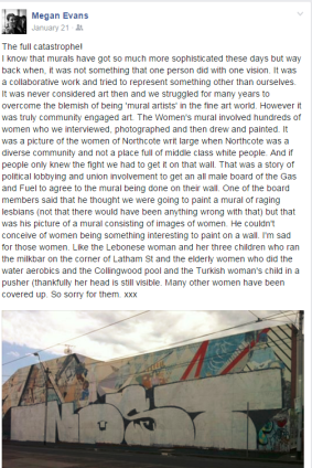 A Facebook post from artist Megan Evans criticising the vandalism.  