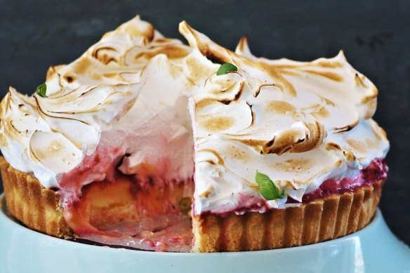 Lemon meringue pie with raspberry and basil.