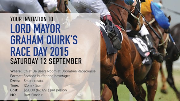 The header of the invitation to Brisbane Lord Mayor Graham Quirk's $3000-a-head fundraiser at Doomben Racecourse on September 12, 2015.