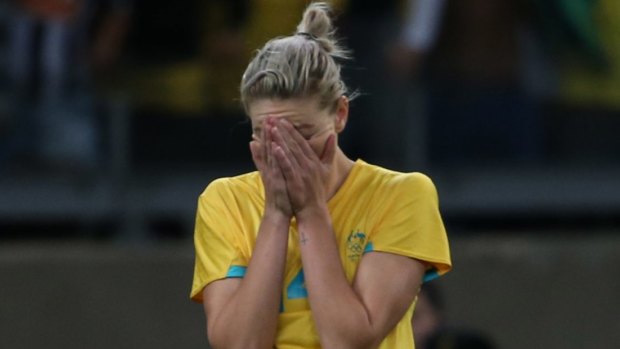 Alanna Kennedy reacts after missing a shot in a penalty shootout in the Olympic 2016 quarter final against Brazil.