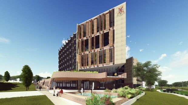 Projections of what the new Bruce Hall residential towers at the Australian National University will look like.