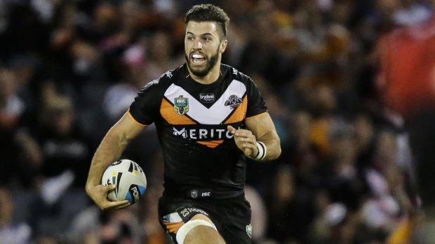 James Tedesco of the Wests Tigers on the burst at Campbelltown Sports Stadium last season.