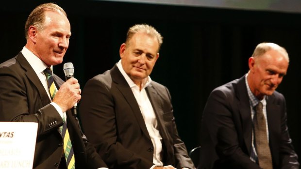  Former Wallabies players Simon Poidevin, David Campese and 1986 captain Andrew Slack at the anniversary lunch in Sydney on Wednesday.