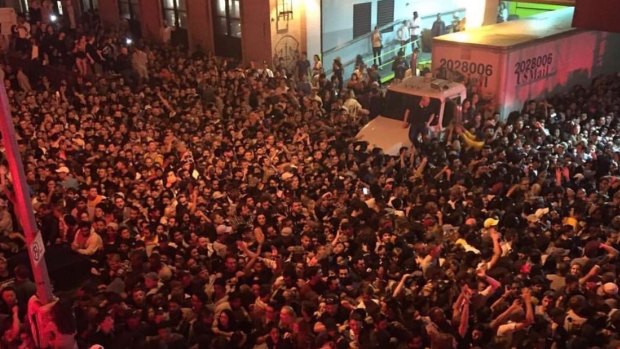 The Kanye mob ... Thousands of fans stands outside Webster Hall waiting for Kanye West's 2am surprise show - it never happened.