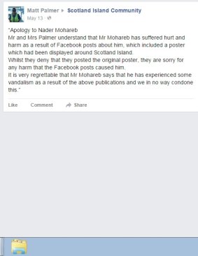 Screenshot of an apology to Nader Mohareb on the Scotland Island Community Facebook page.