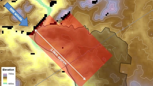 Black pixels show steep lee-facing slopes (assuming NW winds), which would be prone to extreme fire behaviour under strong winds. The red shading provides a conservative estimate of where embers originating from lee-facing slopes would fall under extreme fire danger conditions.