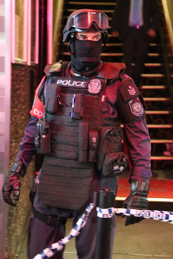A police officer is pictured outside Bada Bing Nightspot.
