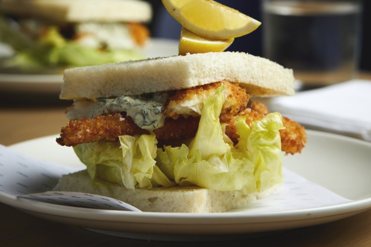 Crumbed fish sandwich with tartare and iceberg at Karen Martini's all-day eatery Hero at ACMI, Federation Square, Melbourne.
