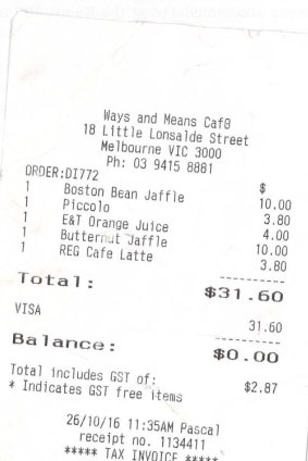 Receipt for lunch with Kaz Cooke, for Spectrum, November 26.