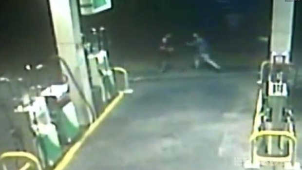 CCTV shows Max Summerfield, on the left, being chased backwards at the BP service station on Sunnyholt Road. 