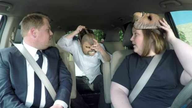 James Corden, JJ Abrams and 'Chewbacca Mom' Candace Payne.