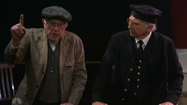 Reprising his crotchety take on Bernie Sanders, Larry David is joined by the presidential candidate during the taping of Saturday Night Live.