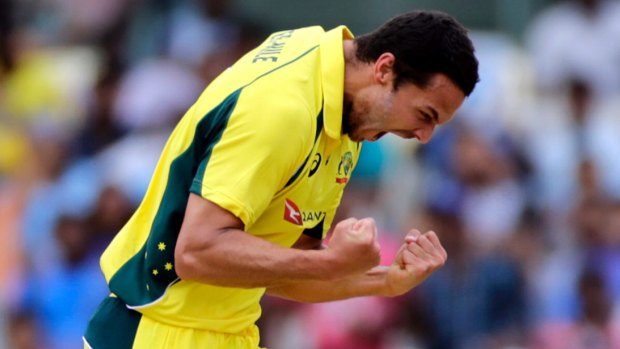 Nathan Coulter-Nile celebrates after Indian Virat Kohli's wicket in the recent ODI.