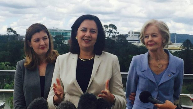 Queensland minister for women Shannon Fentiman, Premier Annastacia Palaszczuk and Dame Quentin Bryce announcing the fast-tracking of measures designed to tackle domestic violence.