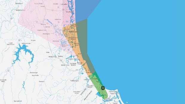 A map showing the potential impact of increased aircraft noise over the Gold Coast.