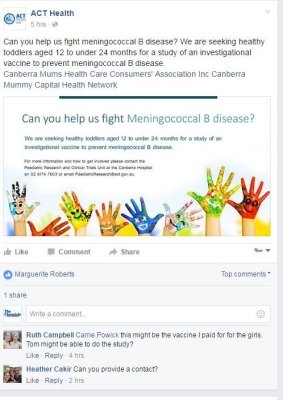 ACT Health's clinical trial recruitment posted on Facebook.