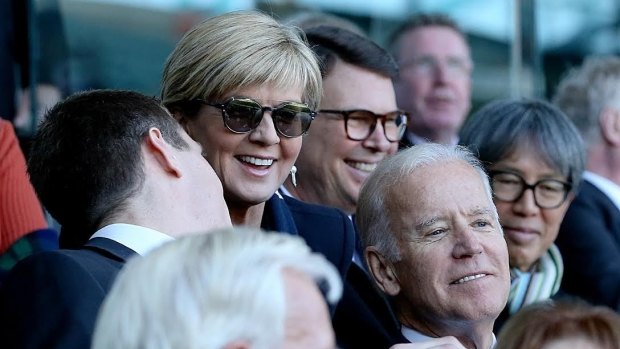 Foreign Minister Julie Bishop at the MCG in 2016 with the-then US vice president Joe Biden.