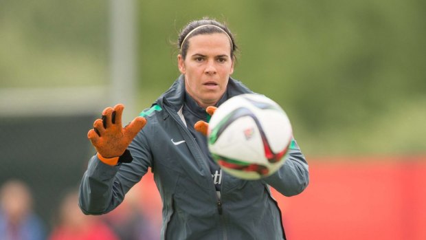 Australian goalkeeper Lydia Williams makes a stop during the team's training session on Sunday.