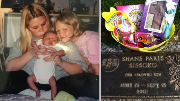 Tiffany Paris (far left) holds her son Shane before his death in 2001. Tiffany regularly visits Shane's grave and leaves gifts like she did before Easter in 2014. 