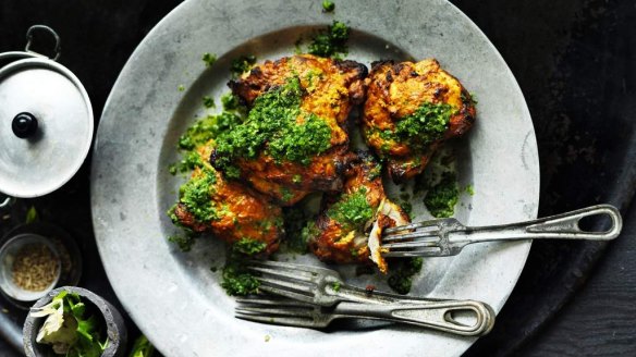 Tandoori chicken with mint and coriander relish. <a href="http://www.goodfood.com.au/good-food/cook/recipe/ovenbaked-tandoori-chicken-with-mint-and-coriander-relish-20150626-3yf0u.html"><b>(Recipe here).</b></a>