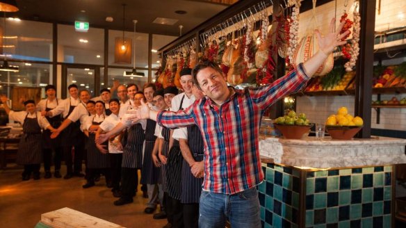 Chef Jamie Oliver visits his Canberra restaurant Jamie's Italian in 2014.