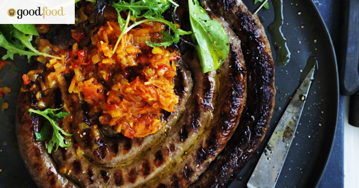 Boerewors (beef sausage) with chakalaka and polenta