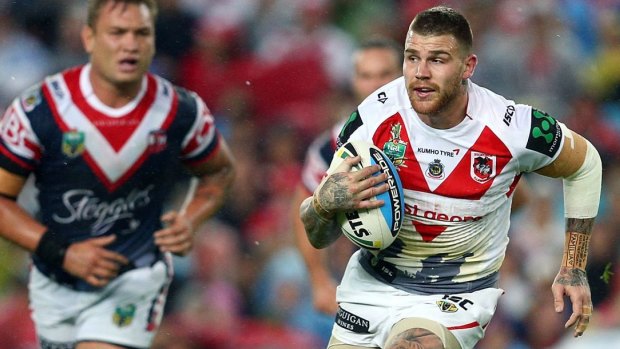 Test debut: Josh Dugan on the attack against the Sydney Roosters on Anzac Day.