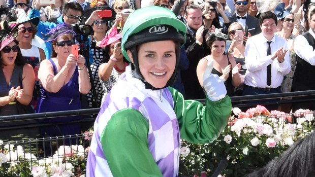 Michelle Payne on Prince of Penzance after winning last year's Melbourne Cup.
 