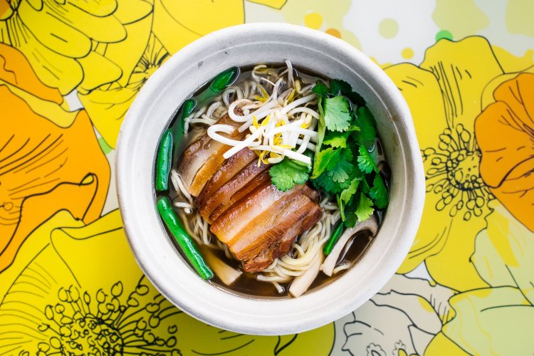 Bing's Shanghai red braised pork belly with pork broth and noodles.