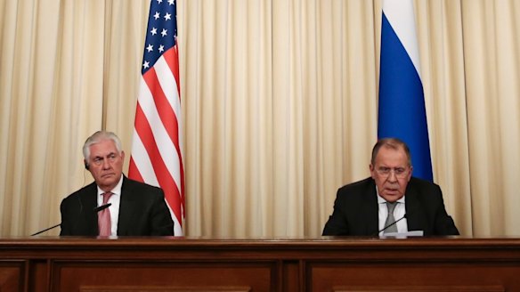 Russian Foreign Minister Sergey Lavrov, right, and US Secretary of State Rex Tillerson attend a news conference following their talks on Wednesday.
