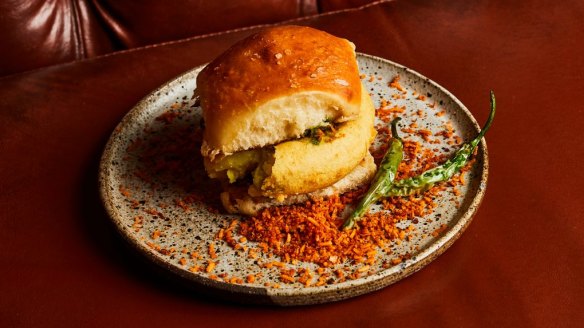 Vada pav, a milk bun with potato fritter and coriander chutney, from Ansari's Indian.