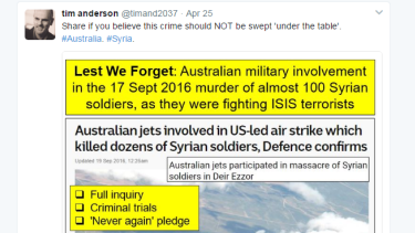 A tweet posted by Sydney University lecturer Tim Anderson on Anzac Day.