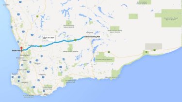 A map showing how far Bullabulling is away from Perth.
